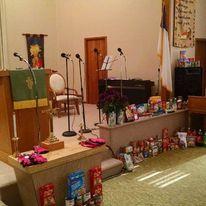 Food on the altar at Warner Memorial Church